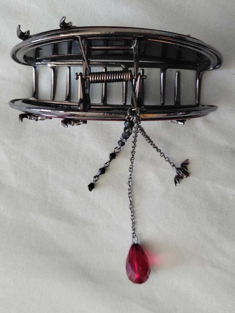 Gothic Red Moon Hair Clip with Bat Charm and Dangles - Picture 3 of 3